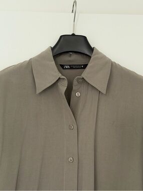 ZARA Women’s Oversized Button-Down Shirt in Taupe Green / Khaki - XS